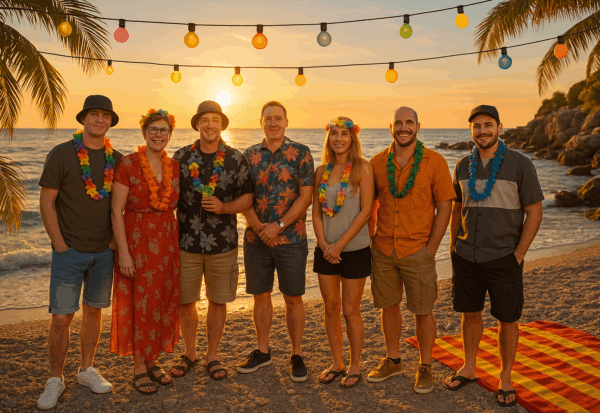 Freunde am Strand im Sonnenuntergang