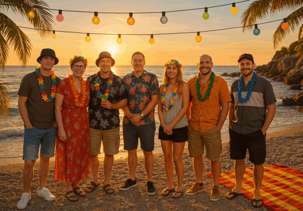 Freunde am Strand im Sonnenuntergang