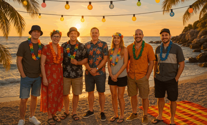 Freunde am Strand im Sonnenuntergang